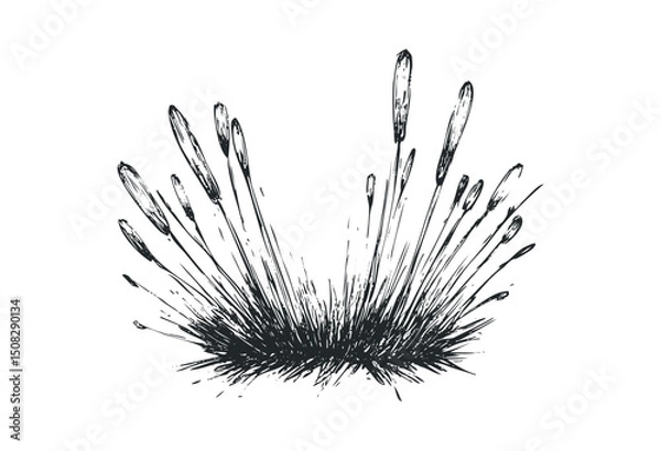 Obraz Black and white illustration of grass with seed heads. Vector retro hand drawn illustration