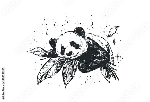 Obraz Playful artistic panda resting on leaves. Vector retro hand drawn illustration
