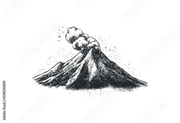 Obraz Erupting volcano with smoke and ash depicted in detailed engraving art. Vector retro hand drawn illustration