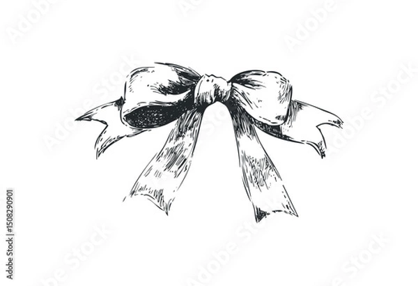 Obraz Sketch of a ribbon bow with flowing tails in detailed line art. Vector retro hand drawn illustration