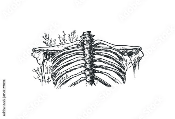 Obraz Hand-drawn ribcage and spine illustration with botanical elements. Vector retro hand drawn illustration