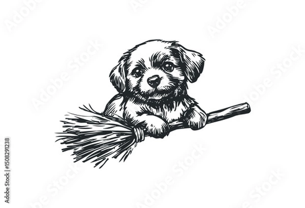 Obraz Adorable puppy riding a broomstick: cute black and white sketch art. Vector retro hand drawn illustration