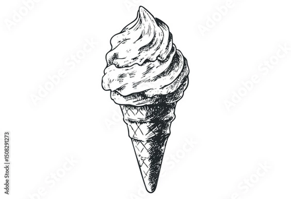 Obraz Vintage hand-drawn ice cream cone sketch with swirls and waffle texture. Vector retro hand drawn illustration