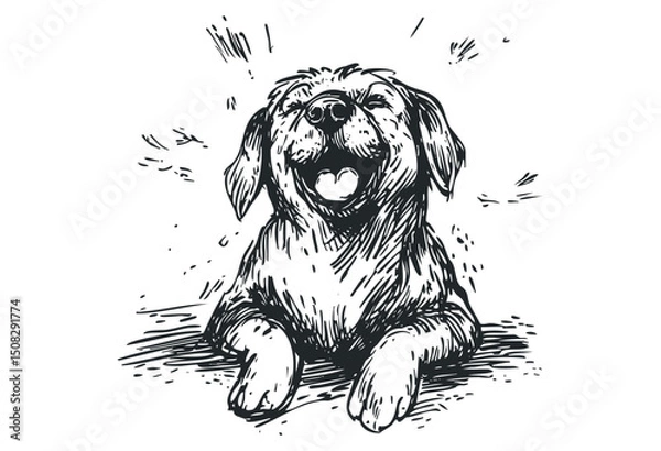 Obraz Joyful sketch of a lying dog with tongue out. Vector retro hand drawn illustration