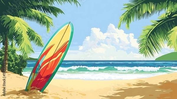 Obraz Colorful beach scene with surfboard on the sand.
