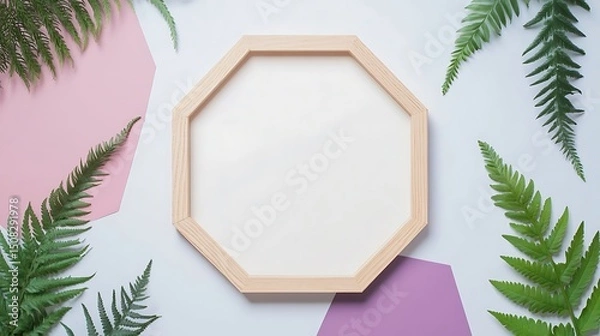 Fototapeta Empty octagonal wooden frame surrounded by fern leaves on a pastel background.