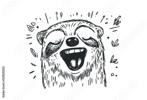 Obraz Cheerful sloth face with expressive eyes sketched in black and white. Vector retro hand drawn illustration