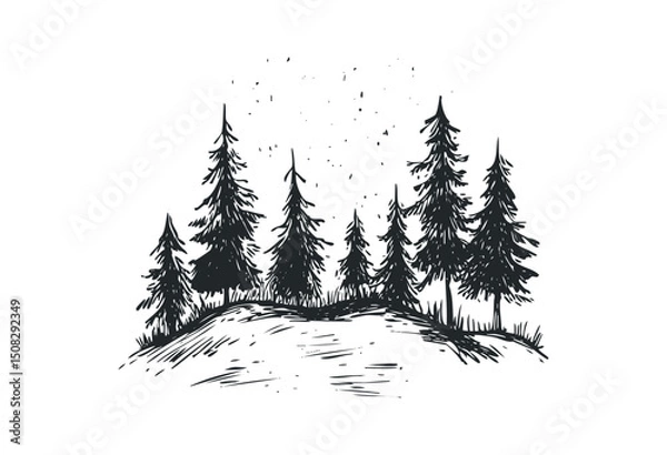 Obraz Hand-drawn pine trees in forest scene sketch illustration. Vector retro hand drawn illustration