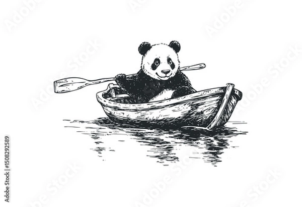 Obraz Panda rowing a boat: monochrome sketch of adorable bear in watercraft. Vector retro hand drawn illustration