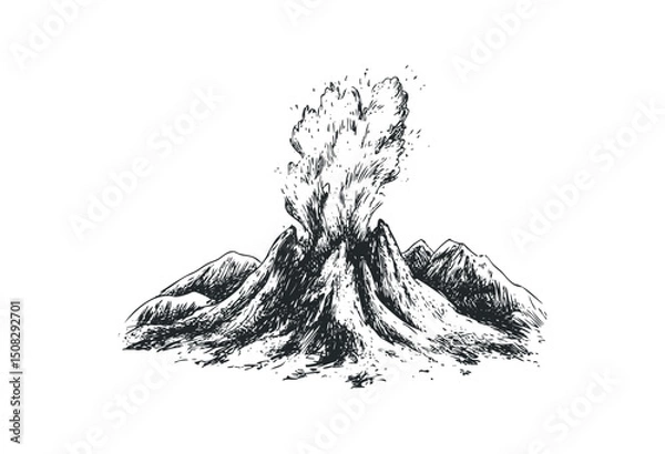 Obraz Erupting volcano with smoke and ash emission. Vector retro hand drawn illustration