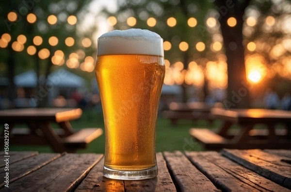 Obraz glass of amber beer on a wooden table at sunset in a garden