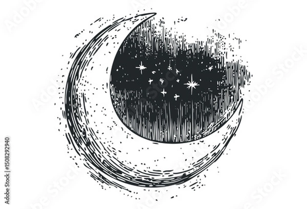 Obraz Hand-drawn crescent moon with stars and night sky. Vector retro hand drawn illustration