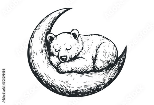 Obraz Illustration of a bear sleeping on a crescent moon. Vector retro hand drawn illustration