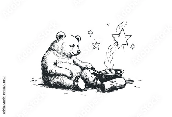 Obraz Adorable bear cooking marshmallows with stars in the sky. Vector retro hand drawn illustration