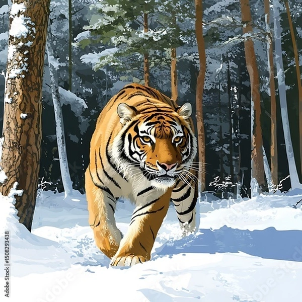 Obraz Tiger strolls through a snowy forest.