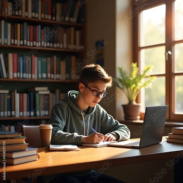 Fototapeta student studying in library with notebooks and a laptop 