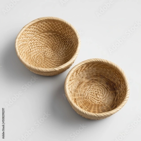 Fototapeta Handcrafted woven baskets displayed against minimalist background decorative tabletop decor studio setting