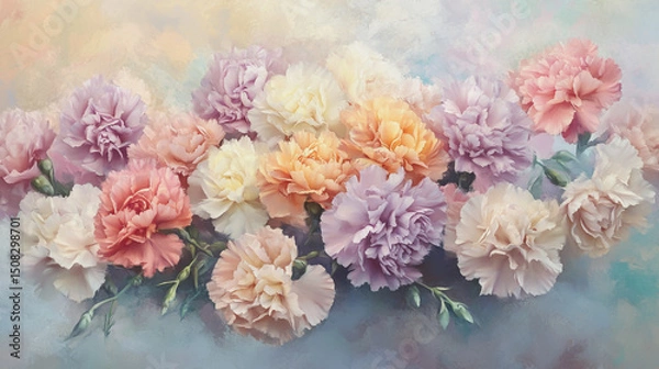 Fototapeta watercolor botanical Carnation flowers texture template background.Elegant wedding invitation card background . Minimal hand painted Design for wedding or Valentine's Day