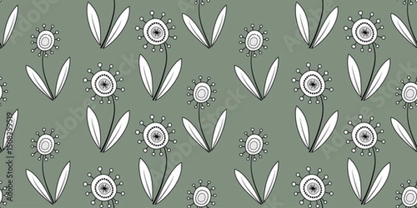 Obraz Floral seamless pattern in retro style. Monochrome flowers on green background. Unusual fantasy daisy flowers with clear black contour. Cute childish plant design.