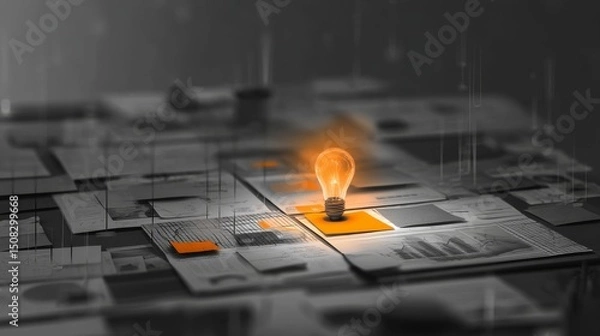 Fototapeta A glowing light bulb illuminates various business papers and ideas.