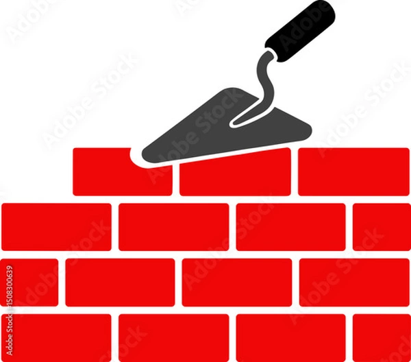 Fototapeta Red bricks being laid with trowel in construction process  