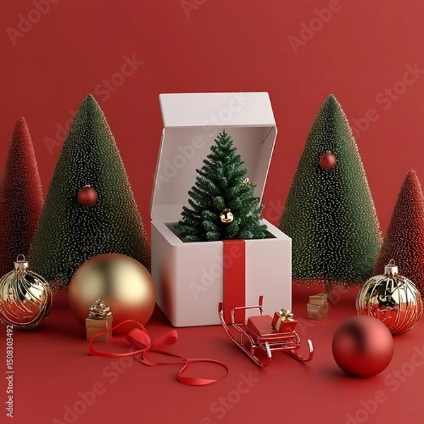 Obraz Christmas scene with a gift box and miniature Christmas tree.