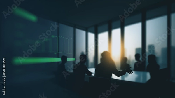 Fototapeta Boardroom Silhouette: A captivating shot of a boardroom meeting silhouetted against a cityscape backdrop, capturing the essence of collaboration and strategic decision-making.