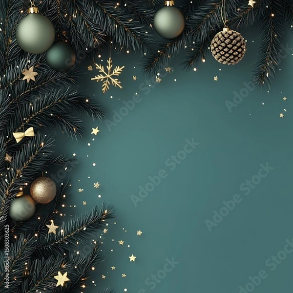 Obraz Festive christmas decorations arranged on a teal background.