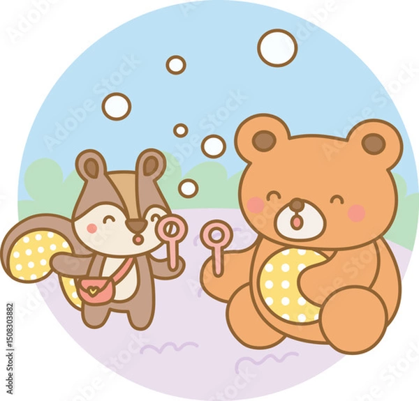 Obraz Squirrel and bear playing with bubbles in a joyful summer learning playtime