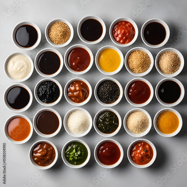 Obraz Various sauces and condiments are presented in small white bowls, showcasing different textures and colors, including soy sauce, ketchup, sesame seeds, and more.