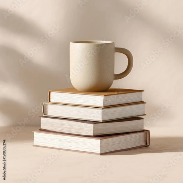 Fototapeta Cozy reading session home office image of books and coffee mug minimalist aesthetic warm lighting