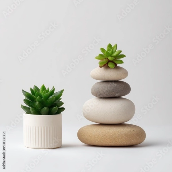 Fototapeta Creating a tranquil home decor scene with stones and succulents indoor photography minimalist top-down view