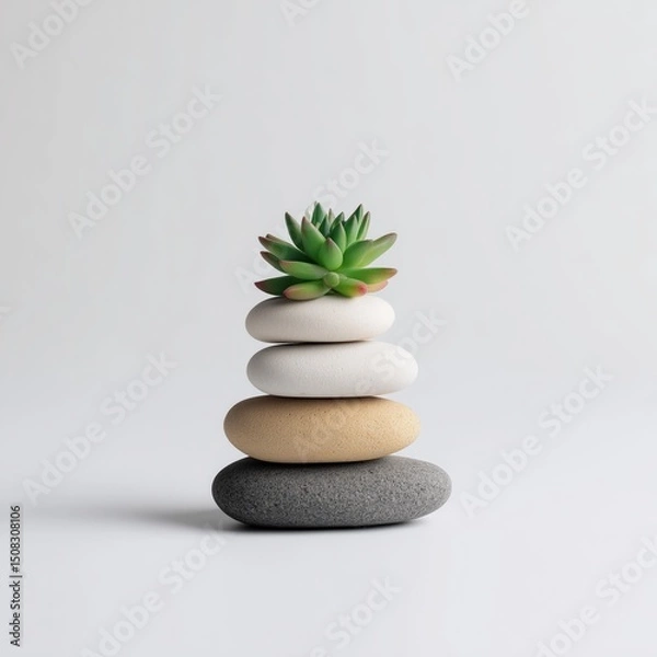 Fototapeta Balancing succulent arrangement on stones indoor setting minimalist design calm environment close-up view serenity concept