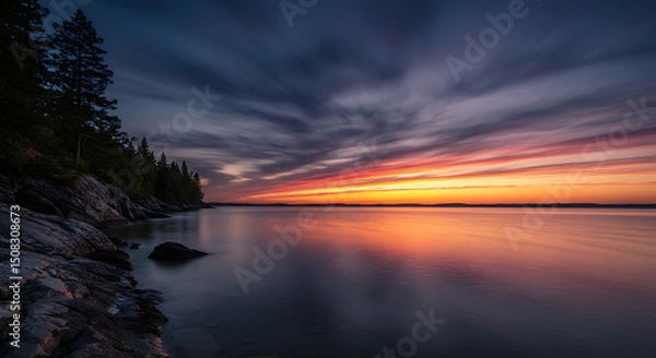 Obraz Serene Sunset over Calm Lake with Silhouetted Shoreline Trees