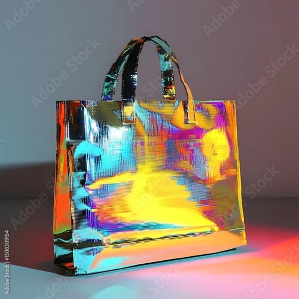 Obraz A colorful iridescent tote bag sits on a plain surface.