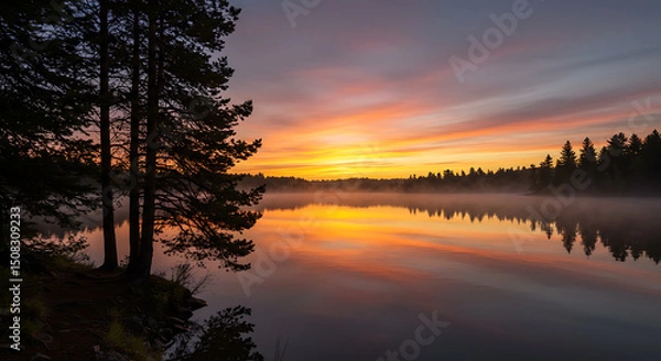 Obraz Serene Sunrise over Misty Lake with Silhouetted Pines Reflecting in Calm Water