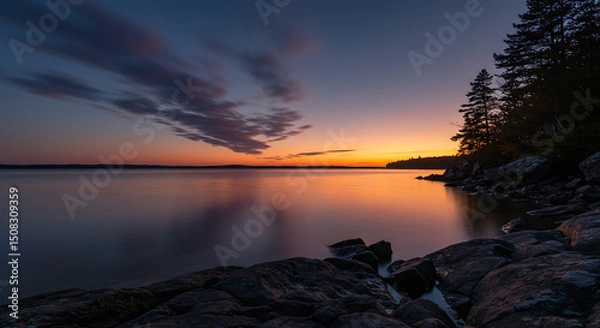 Obraz Serene Sunset over Lake Calm Water Rocky Shore and Colorful Sky