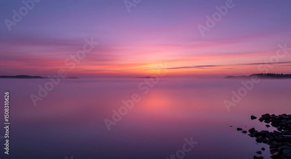 Obraz Serene Pink and Purple Sunrise over Misty Lake with Silhouetted Shoreline