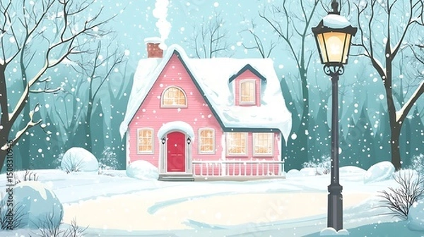 Obraz Pink house nestled in a snowy winter scene.