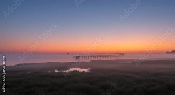 Obraz Serene Sunrise over Misty Marsh Landscape with Pier and Gazebo