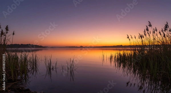 Obraz Serene Sunset over Calm Lake with Reeds Tranquil Nature Scene at Dawn