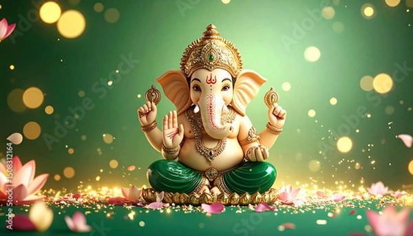Fototapeta Golden Ganesh statue surrounded by flowers on a decorative background