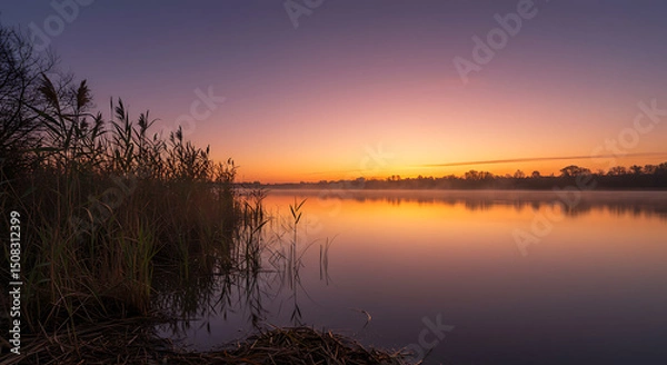 Obraz Serene Sunrise over Calm Lake with Reeds Misty Atmosphere Golden Hour