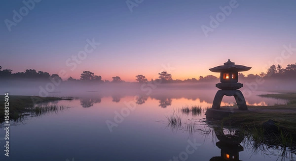 Obraz Serene Sunset Landscape Illuminated Stone Lantern by Misty Lake at Dawn