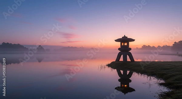 Obraz Serene Sunrise Illuminated Stone Lantern by Misty Lake at Dawn