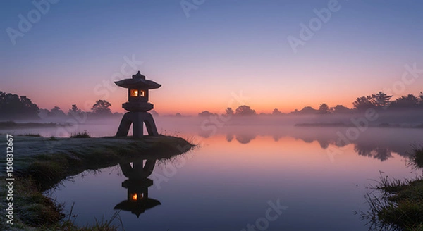 Obraz Serene Sunrise Illuminated Stone Lantern by Misty Lake at Dawn