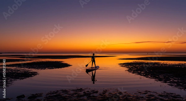 Obraz Silhouette of Woman Paddle Boarding at Sunset Calm Ocean Waters Vibrant Sky