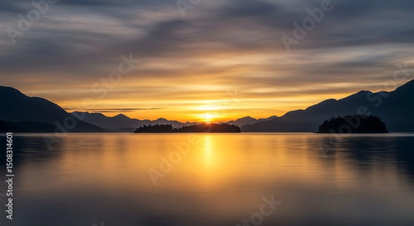 Obraz Serene Sunrise over Mountain Lake with Silhouetted Islands