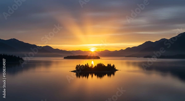 Obraz Serene Sunrise over Mountain Lake with Island Silhouetted Golden Hour Light