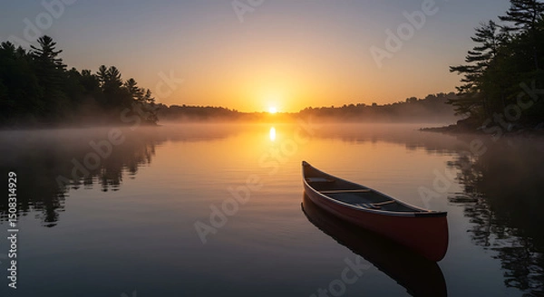 Obraz Serene Sunrise Canoe on Misty Lake at Dawn Peaceful Nature Scene